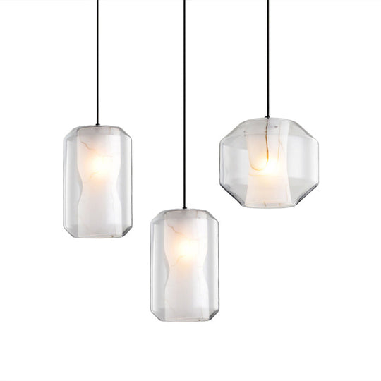 Clear Glass Cylinder Pendant Light With White Marble Shade - 1-Light Dining Room Ceiling Lighting