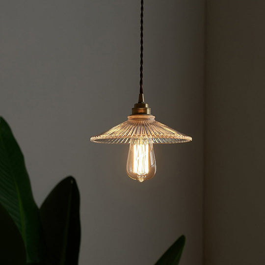 Vintage Glass Hanging Lamp: Cone-Shaped Clear Ribbed Pendant For Dining Room Lighting & Single-Bulb