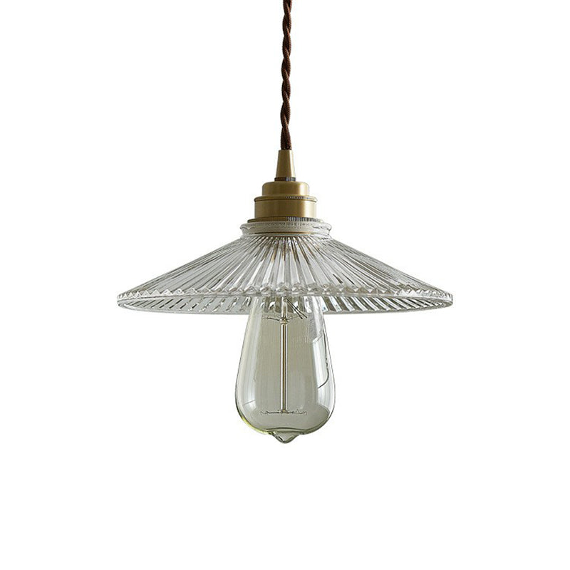 Vintage Glass Hanging Lamp: Cone-Shaped Clear Ribbed Pendant For Dining Room Lighting & Single-Bulb