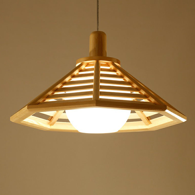 Nordic Wooden Conical Cage Hanging Ceiling Lamp With White Glass Shade - Restaurant Lighting Fixture