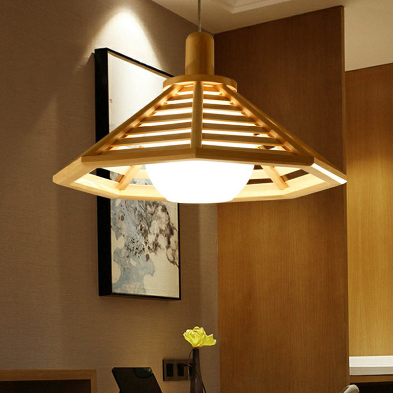 Nordic Wooden Conical Cage Hanging Ceiling Lamp With White Glass Shade - Restaurant Lighting Fixture