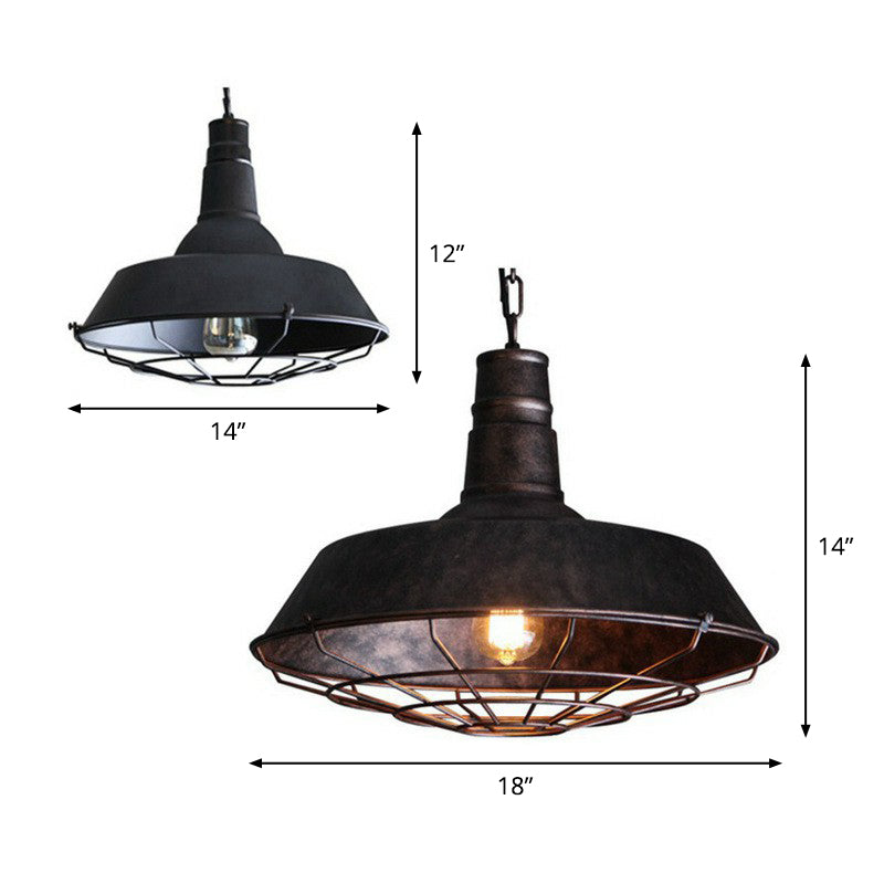 Industrial Barn Metal Suspension Lighting - 1 Head Dining Room Hanging Lamp With Tapered Cage Guard