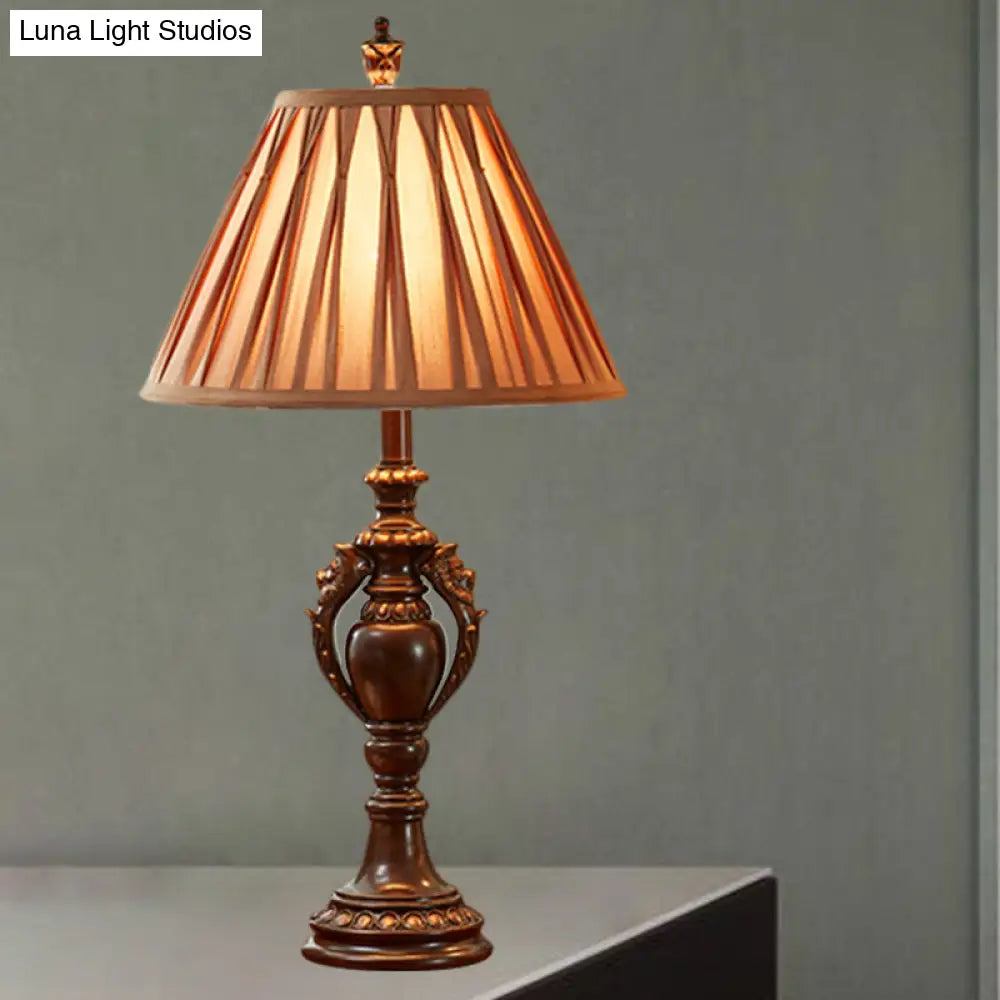 23/27 Vintage Fabric Table Lamp - Antique Brown Tone Conical Shape Living Room Nightstand Decor