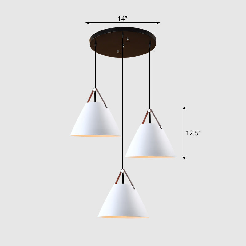 Nordic 3-Light Pendant Cluster With Conical Metal Shade & Leather Strap