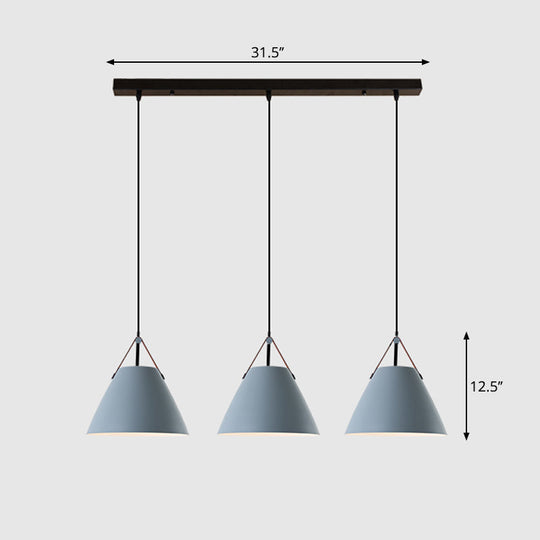 Nordic 3-Light Pendant Cluster With Conical Metal Shade & Leather Strap Grey / Linear