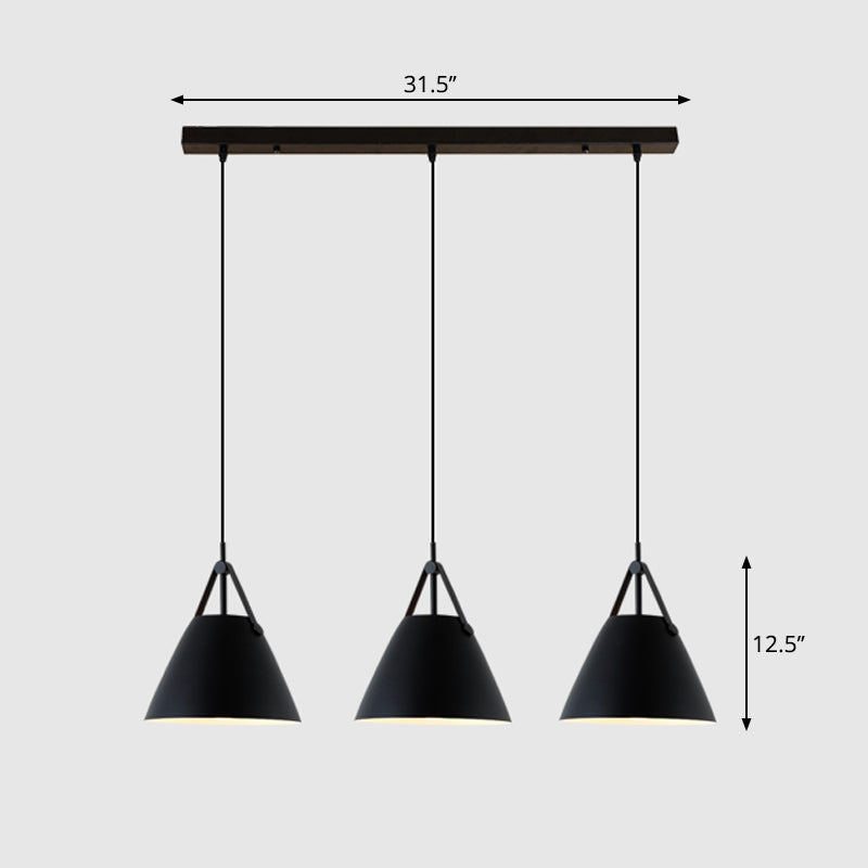 Nordic 3-Light Pendant Cluster With Conical Metal Shade & Leather Strap Black / Linear