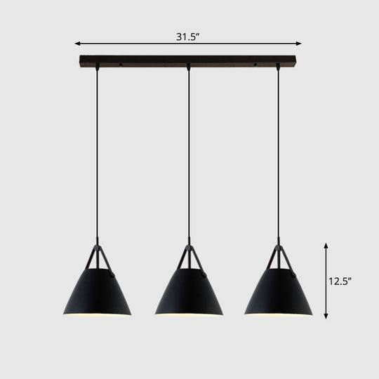 Nordic 3-Light Pendant Cluster With Conical Metal Shade & Leather Strap Black / Linear