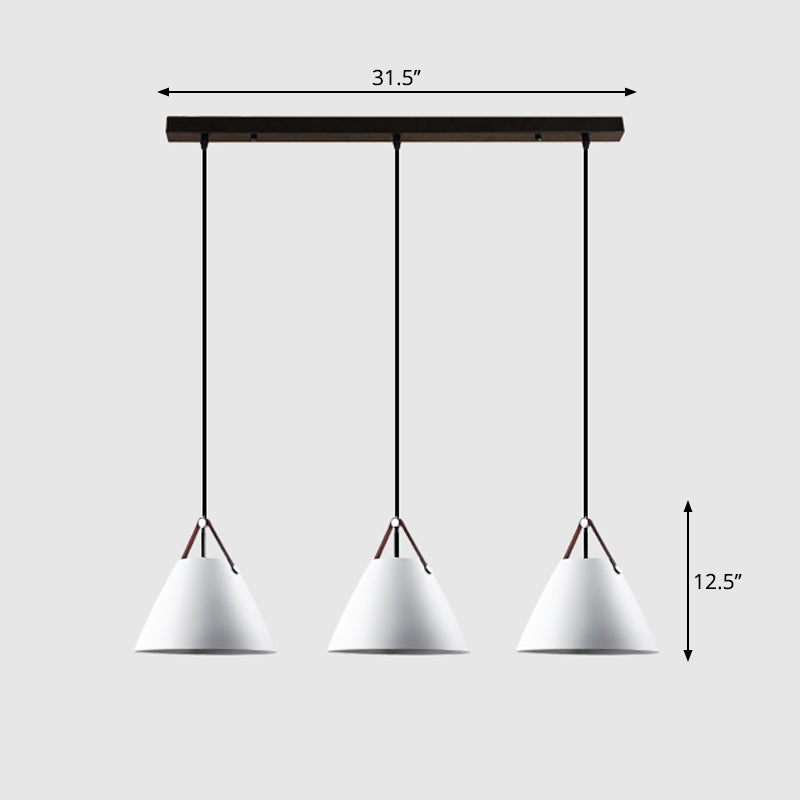 Nordic 3-Light Pendant Cluster With Conical Metal Shade & Leather Strap White / Linear