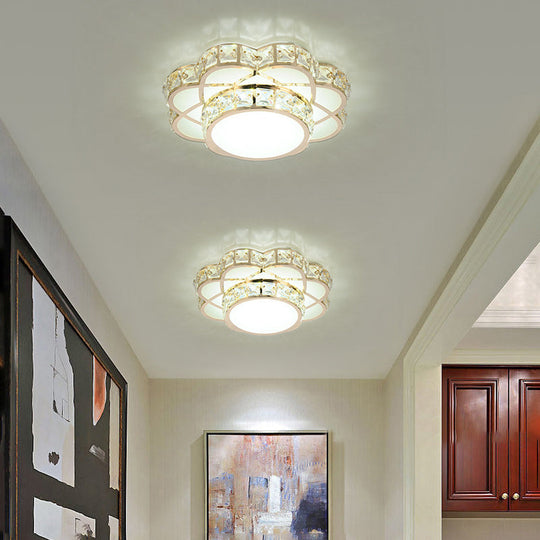Led Flush-Mount Flower Ceiling Light With Gold Finish & Clear Crystal Shade - Modernist Design /