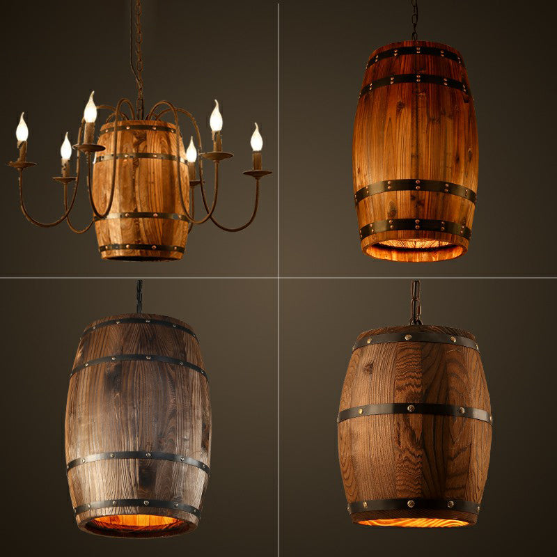 Rustic Wooden Wine Barrel Pendant Light - 1-Light Brown Suspension Lighting For Bistro