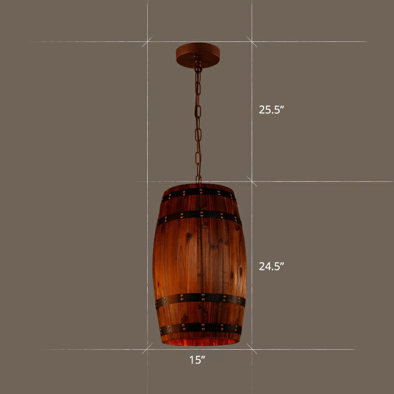 Rustic Wooden Wine Barrel Pendant Light - 1-Light Brown Suspension Lighting For Bistro