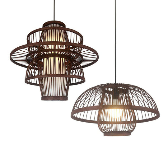 Contemporary Bamboo Cage Hanging Lamp With Coffee Finish And Single Bulb Suspension