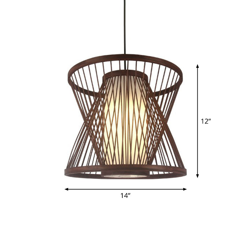 Contemporary Bamboo Cage Hanging Lamp With Coffee Finish And Single Bulb Suspension