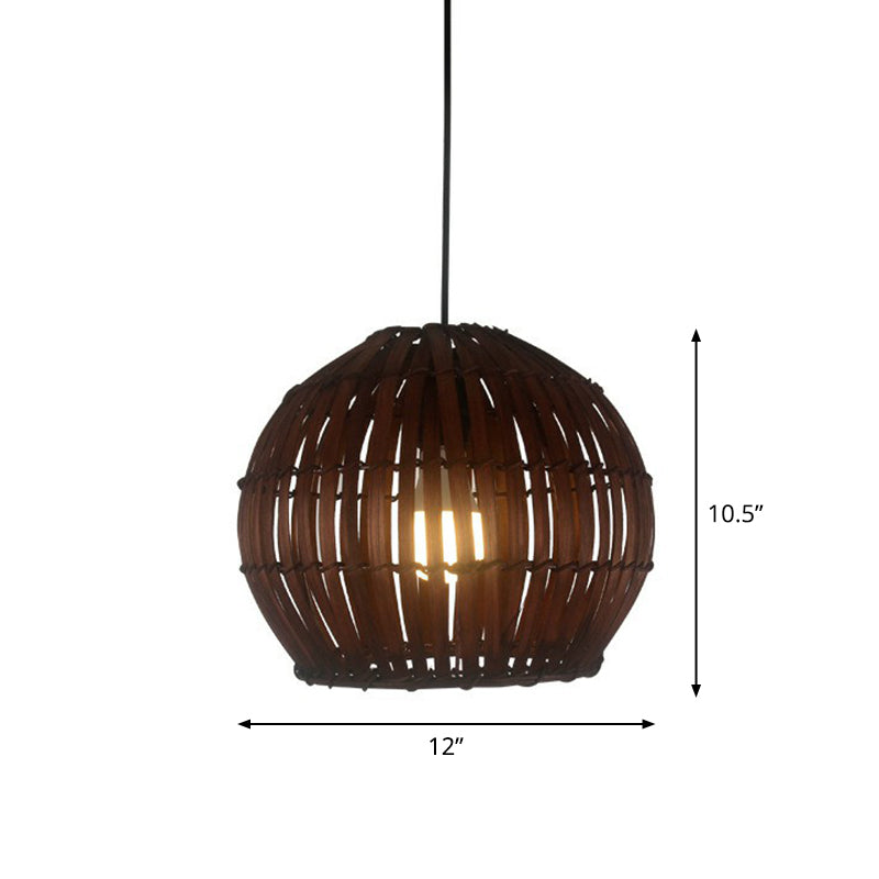 Contemporary Bamboo Cage Hanging Lamp With Coffee Finish And Single Bulb Suspension