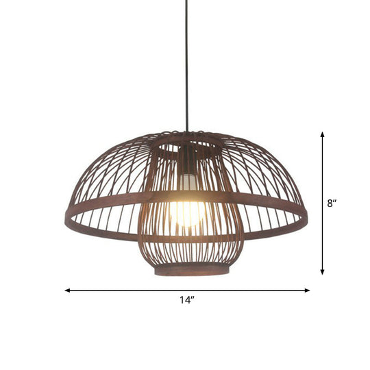 Contemporary Bamboo Cage Hanging Lamp With Coffee Finish And Single Bulb Suspension