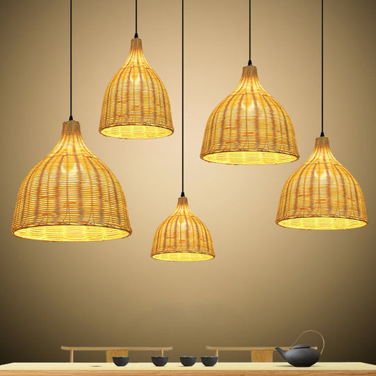 Bamboo Asian Hanging Lamp - Single-Bulb Ceiling Fixture For Restaurants In Beige