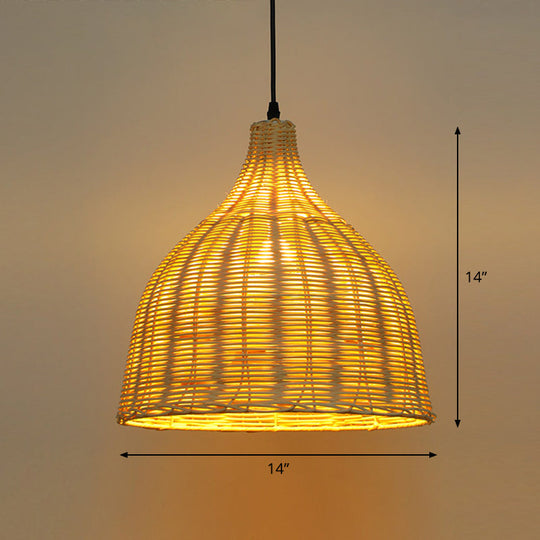 Bamboo Asian Hanging Lamp - Single-Bulb Ceiling Fixture For Restaurants In Beige
