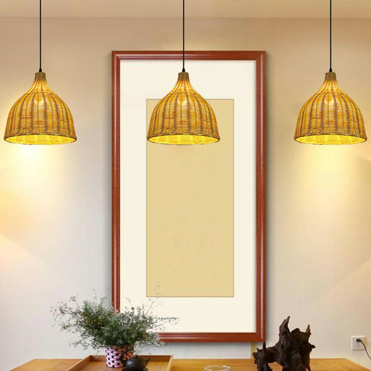 Bamboo Asian Hanging Lamp - Single-Bulb Ceiling Fixture For Restaurants In Beige