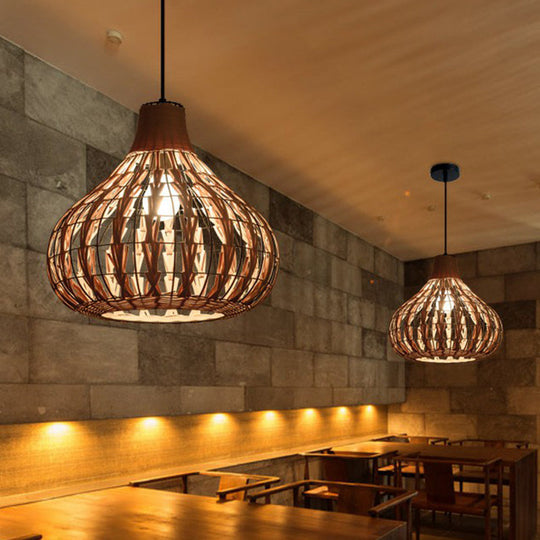 Rustic Bamboo Pendant Light: Pear-Shaped Suspended Lighting For Restaurant Wood Finish