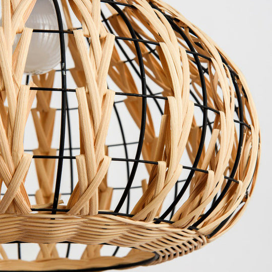 Rustic Bamboo Pendant Light: Pear-Shaped Suspended Lighting For Restaurant Wood Finish