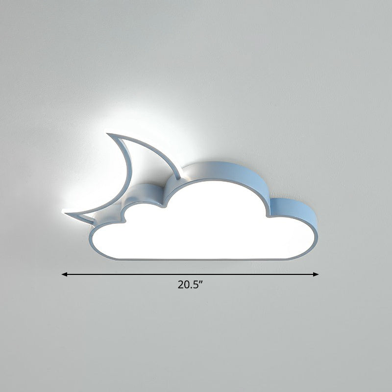 Childrens Metal Moon And Cloud Led Ceiling Fixture For Bedroom - Flush Mount Light Blue / 20.5 White