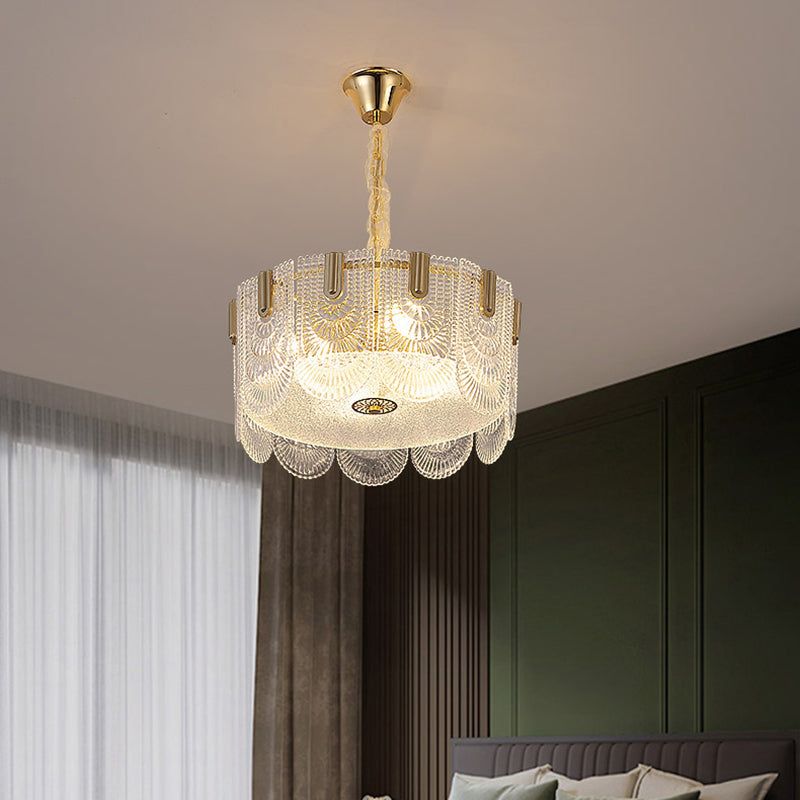 Modern Clear Glass Chandelier: Round Pendant Ceiling Lamp With Elegant Scalloped Edge