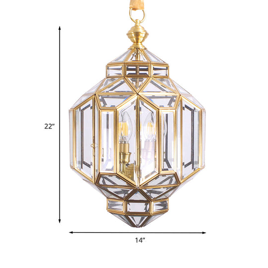 Contemporary 4-Light Lantern Chandelier With Clear Glass Shades Brass Hanging Lamp For Living Room