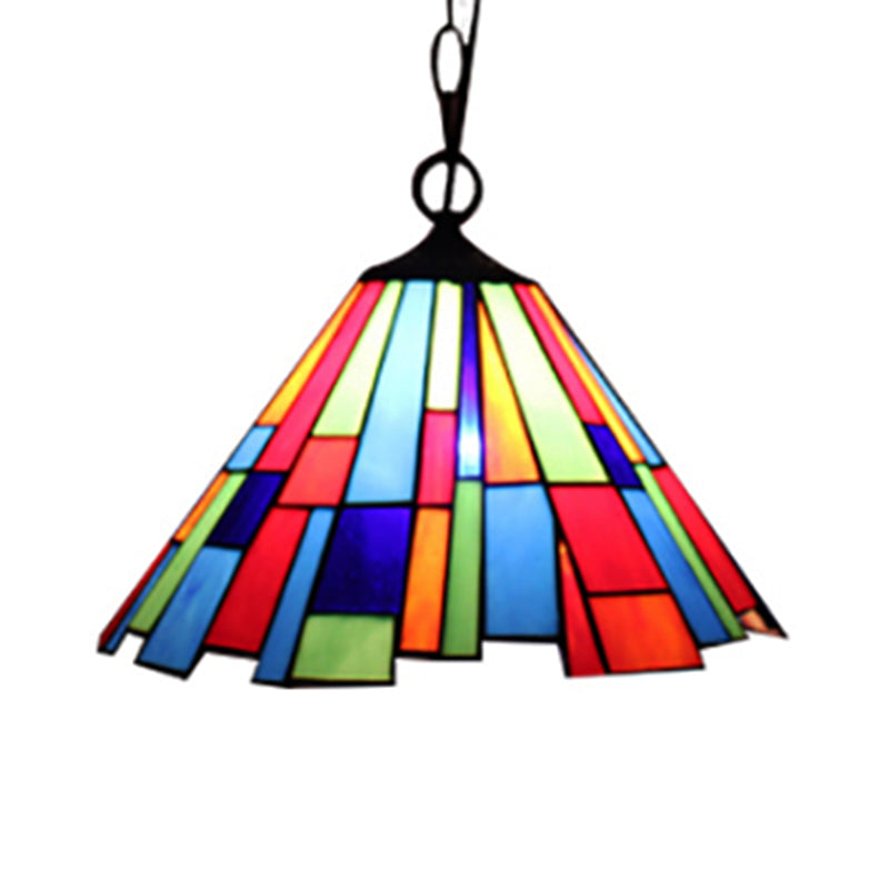 Tiffany Stained Glass Conical Hanging Lamp - Black Ceiling Pendant For Dining Room (12’/16’ Width)
