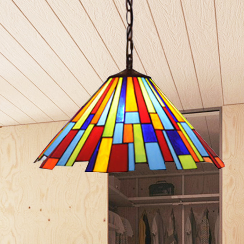 Tiffany Stained Glass Conical Hanging Lamp - Black Ceiling Pendant For Dining Room (12’/16’ Width)