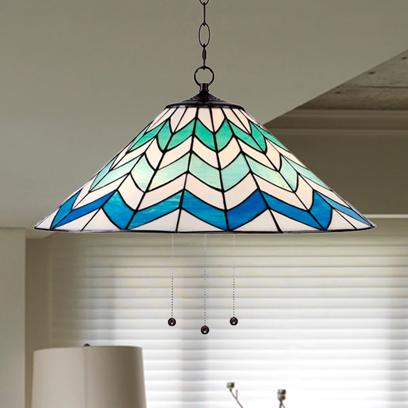 Blue Tiffany-Style Cone Pendant Light Fixture With Stained Art Glass - 16’/19.5’ W Single Head