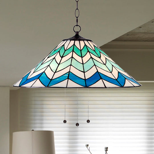 Blue Tiffany-Style Cone Pendant Light Fixture With Stained Art Glass - 16’/19.5’ W Single Head