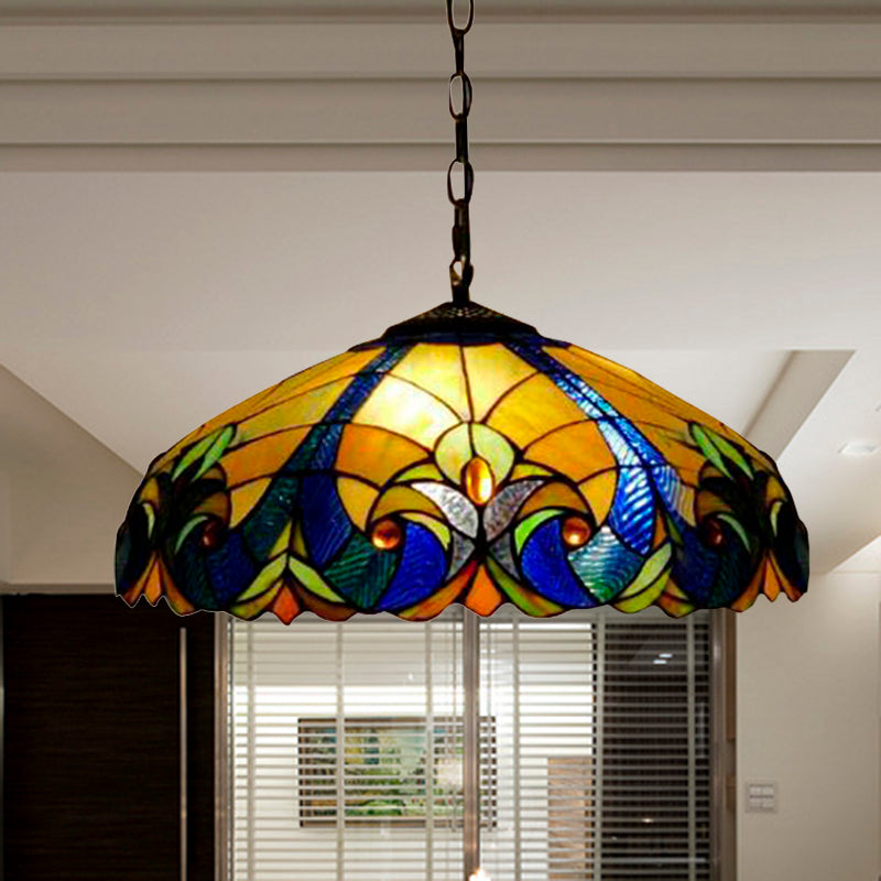 Tiffany Flared Ceiling Lamp - 4-Head Stained Art Glass Hanging Light Kit In Yellow/Blue For Bedrooms