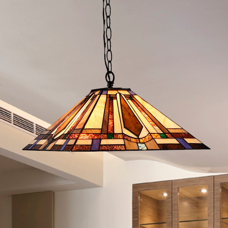Tiffany Rhombus/Shell Ceiling Lamp - Brown Stained Art Glass Pendant Light For Dining Room