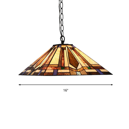 Tiffany Rhombus/Shell Ceiling Lamp - Brown Stained Art Glass Pendant Light For Dining Room