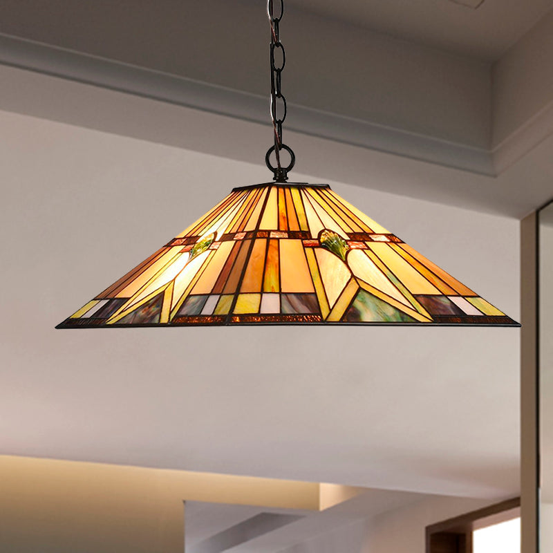 Tiffany Rhombus/Shell Ceiling Lamp - Brown Stained Art Glass Pendant Light For Dining Room