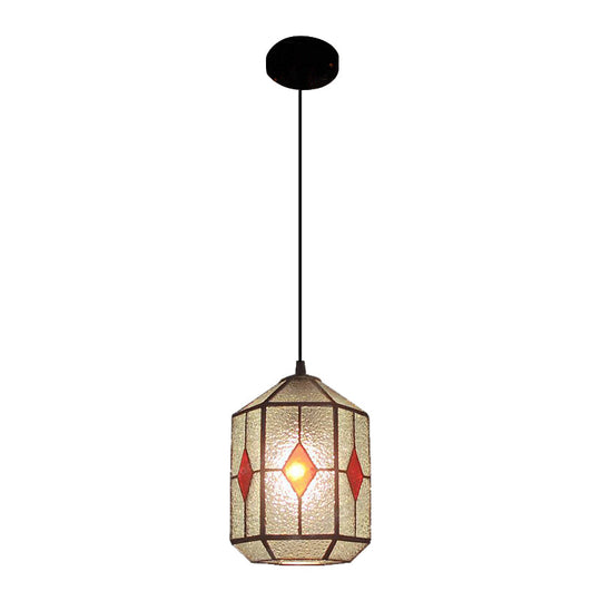 Tiffany Style Cylinder Hanging Light With Rhombus/Leaf Pattern - 1 Red/Green Down On Stainless Glass