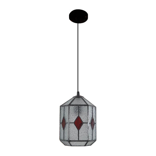 Tiffany Style Cylinder Hanging Light With Rhombus/Leaf Pattern - 1 Red/Green Down On Stainless Glass