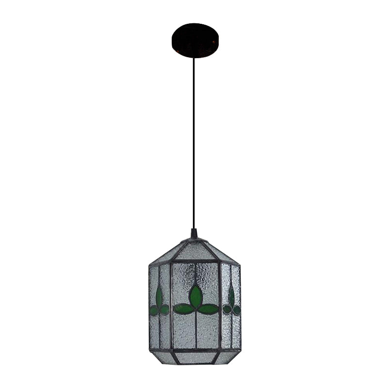 Tiffany Style Cylinder Hanging Light With Rhombus/Leaf Pattern - 1 Red/Green Down On Stainless Glass