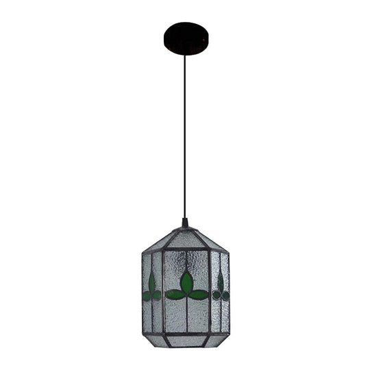 Tiffany Style Cylinder Hanging Light With Rhombus/Leaf Pattern - 1 Red/Green Down On Stainless Glass