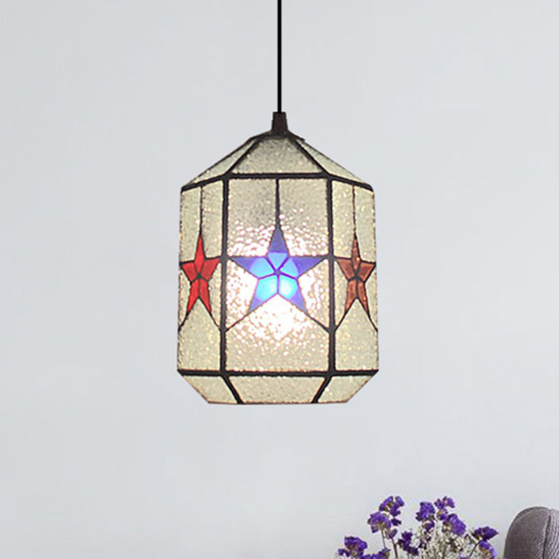Stylish Star Design Pendant Ceiling Light - White/Clear Tiffany Art Glass Stainless 1-Light