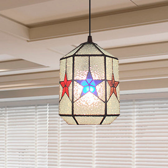 Stylish Star Design Pendant Ceiling Light - White/Clear Tiffany Art Glass Stainless 1-Light