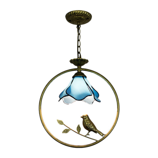 Stylish Blue Petal Tiffany Hanging Light Fixture - Handcrafted Art Glass Ceiling Lamp With Metal