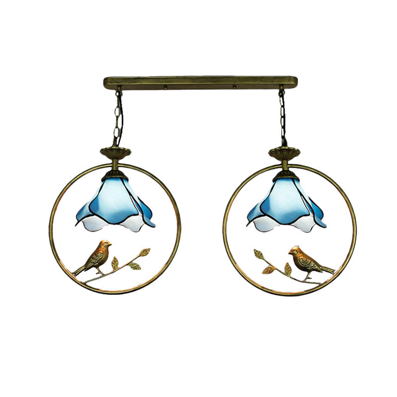 Tiffany Blossom Pendant Lamp With Little Bird Glass Hanging Light In Blue - Perfect For Kitchen