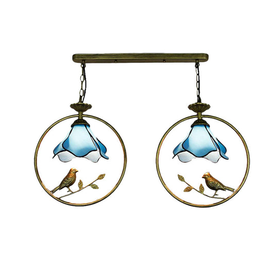 Tiffany Blossom Pendant Lamp With Little Bird Glass Hanging Light In Blue - Perfect For Kitchen