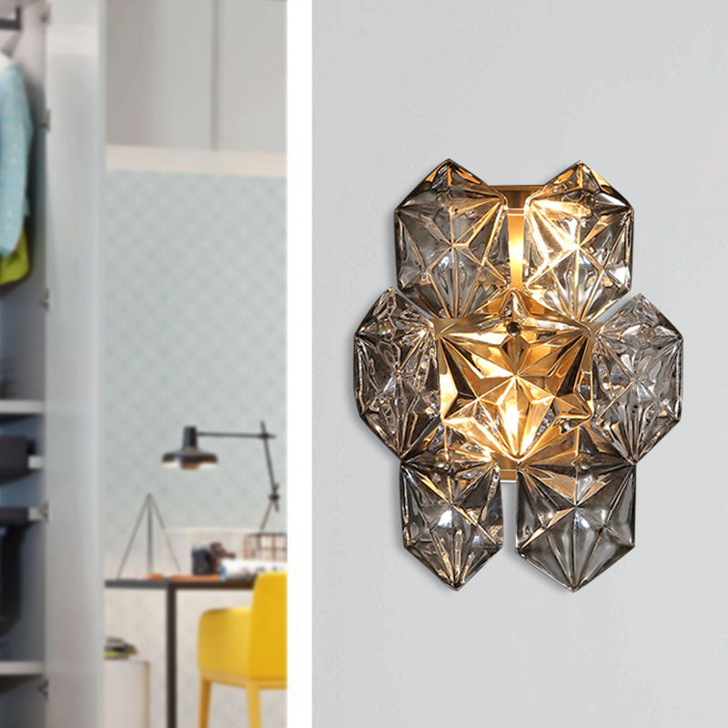 Modern Clear Crystal Hexagon Wall Light With Brass Finish - 2 Lights 8.5/12.5 Width Perfect For