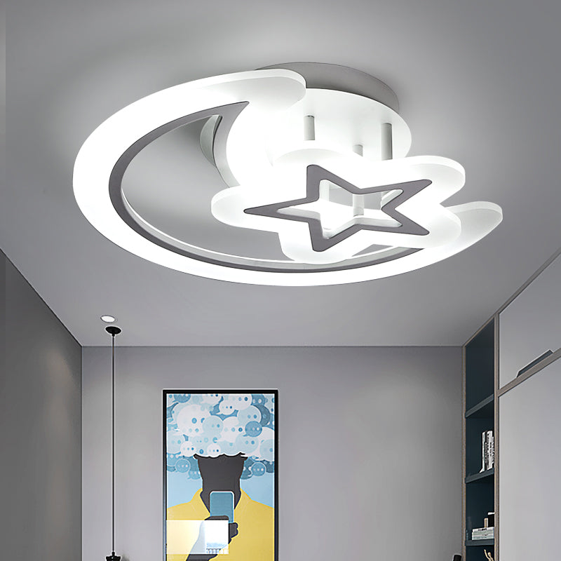 Kids’ Moon And Star Ceiling Lamp - White Led Semi Flush Mount For Bedroom / 19.5’