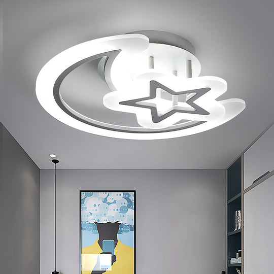 Kids’ Moon And Star Ceiling Lamp - White Led Semi Flush Mount For Bedroom / 19.5’