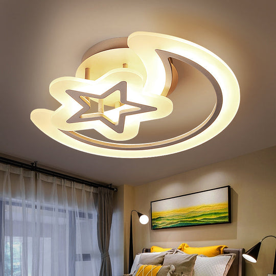 Kids Moon And Star Ceiling Lamp - White Led Semi Flush Mount For Bedroom