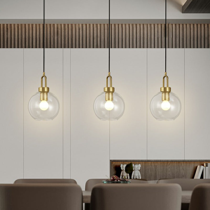 Simple Glass Sphere Pendant Light - 1 Head Brass Finish Dining Room Ceiling Lamp