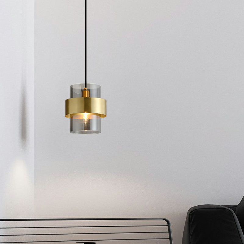 Smoke Grey Glass Cylinder Pendant Light With Brass Postmodern Design For Bedroom Down Lighting